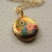 Colorful Flowers Locket, 14kt Gold Filled Chain, Pink and Yellow, Blue Floral, Miniature Pendant, Small, Photo Jewelry
