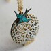 White Filigree Locket and Blue Bird Necklace, Round Pendant, Bridal Jewelry, Shabby Chic Fashion, Gold Plated Chain