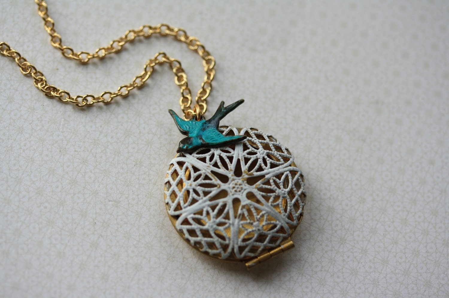 White Filigree Locket and Blue Bird Necklace, Round Pendant, Bridal Jewelry, Shabby Chic Fashion, Gold Plated Chain