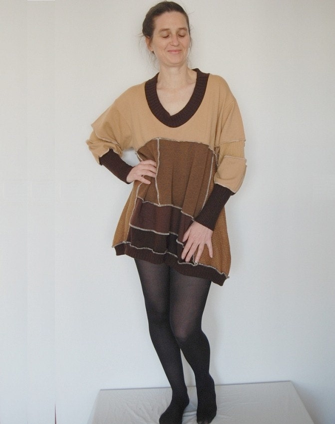 Repurposed Sweater Tunic Reconstructed Sweater Brown Asymmetrical Upcycled Winter Fashion Upcycled Woman's Clothing
