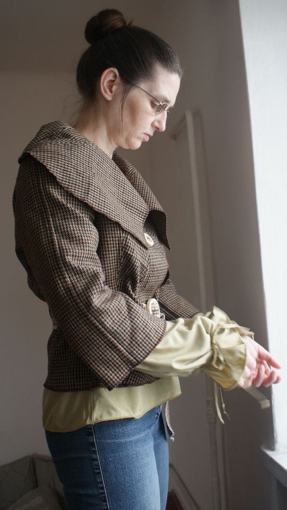 Upcycled woman's clothing Brown jacket in checked Eco friendly style Reconstructed jacket Spring fashion Big colar