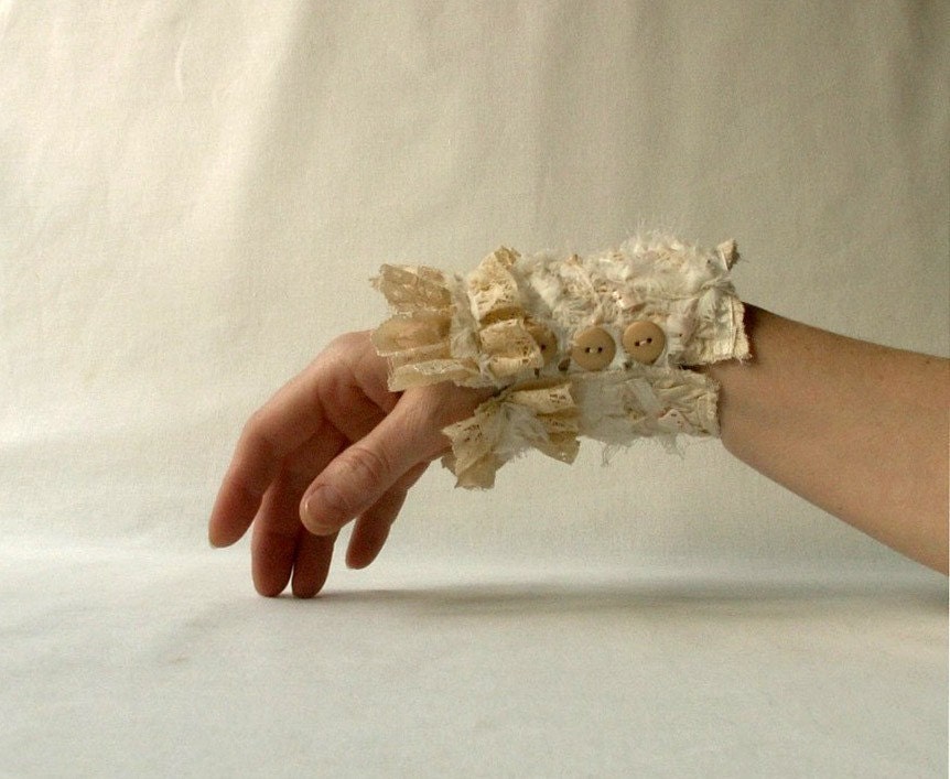 Victorian bridal lace cuff. Asymmetrical unique bright bracelet. Made for order.