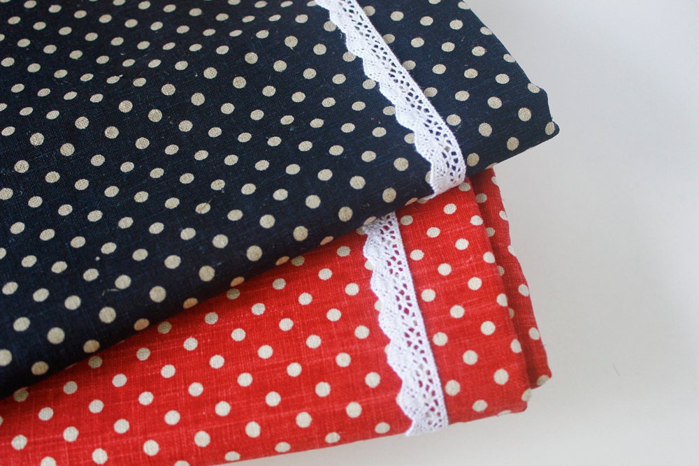 Polka Dots Cotton Linen Blend Fabric -  Blue and Red 55 cm X 50 cm On Etsy