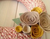Yarn Wreath Felt Handmade Door Decoration - Tan and Red 12in