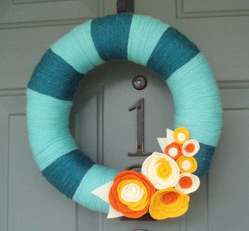 Yarn Wreath Handmade Front Door - Orange And Cream 12in.