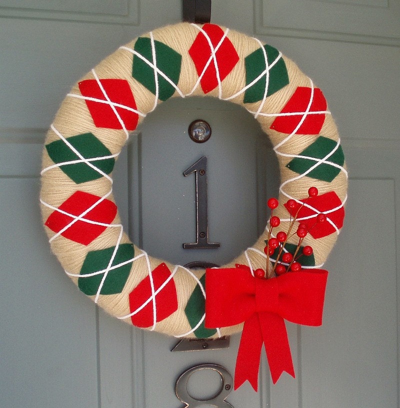 Yarn Wreath Felt Handmade Holiday Door Decoration - Classic Christmas 12in