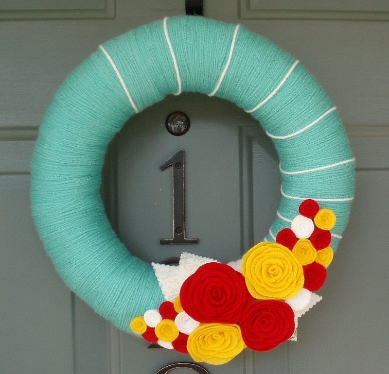 Yarn Wreath Felt Handmade Door Decoration - Bright Blooms 12in