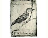Bird Art - Print of Original Etching -  Little Yellow Bird - Monochromatic Decor - Woodland Forest Bird on a Branch -  8 x 10 Bird Print