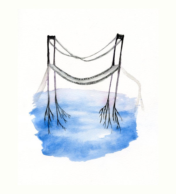 An Imaginary Bridge - An Art Print of a Fictional Bridge with Roots in the Water - Home Decor Wall Art - Watercolor - Black Gray and Blue