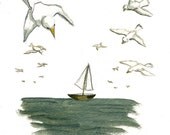 Sailboart Art Print - Nautical Wall Art - Birds - Ocean Voyage - Out to Sea - Print of Original Oil Painting - Teal Green - Signed Print