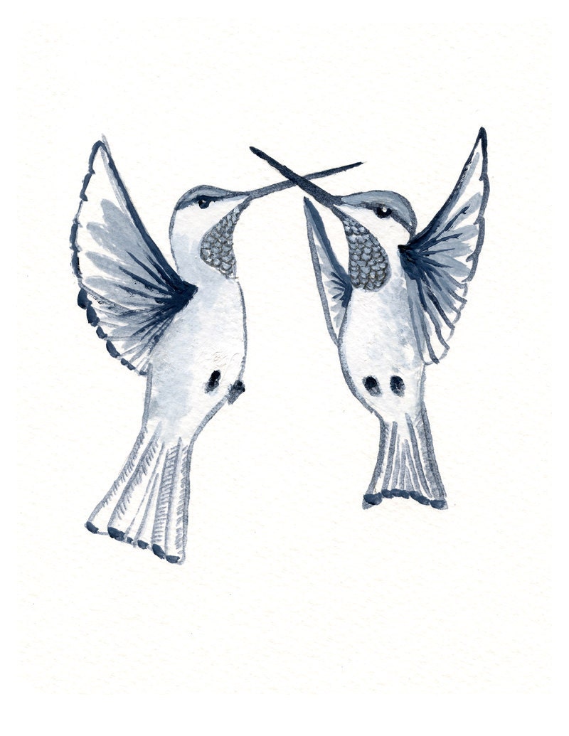 Hummingbird Art - Print of Original Oil Painting - Pair of hummingbirds Wall Art - Childrens Decor - Nursery Wall Art - Moncoromatic Gray