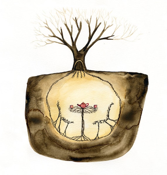 The Secret Place Beneath the Tree Archival Art Print - Secret Hiding Place Art - Tea Art - Tree and Roots Decor - Couple Romantic