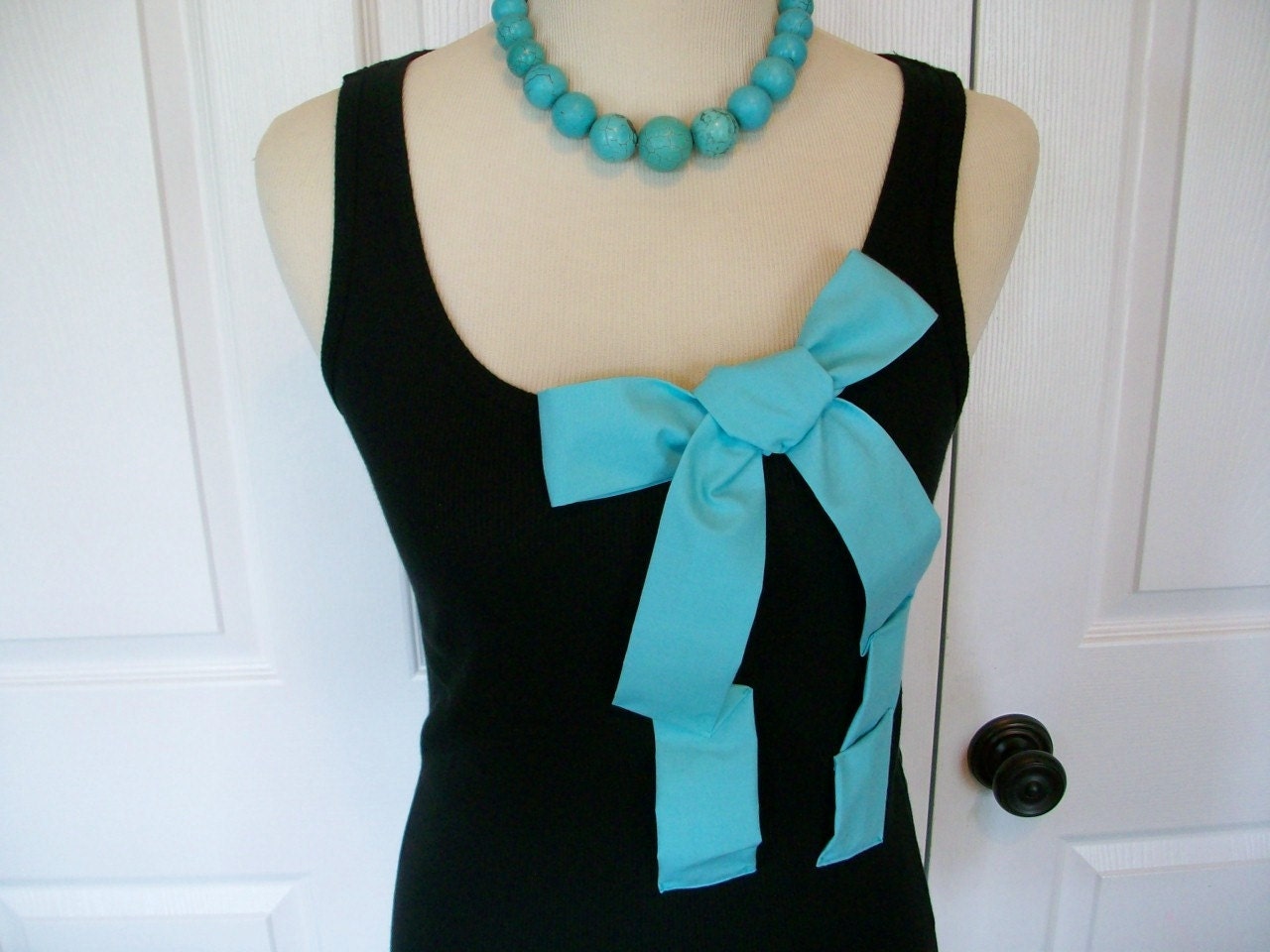 Embellished Black Tank Top with Fabulously Fun Turquoise Bow