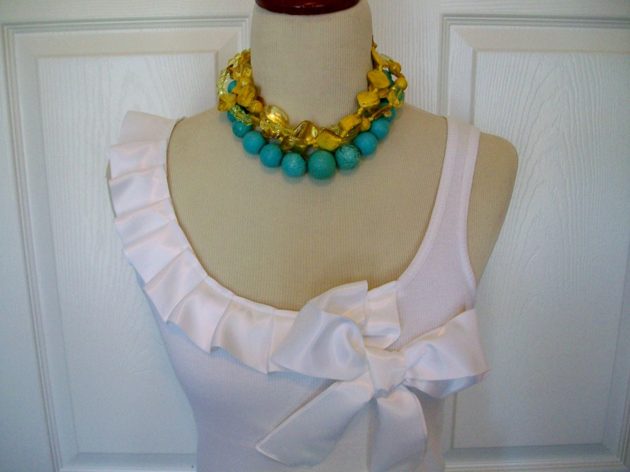 Special Listing Embellished White Tank Top with White Satin Ruffle and Bow