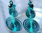 Emerald Swirls Earrings with bright green double spirals, black and blue-green crystals, long oval oxidized sterling silver ear wires, urban