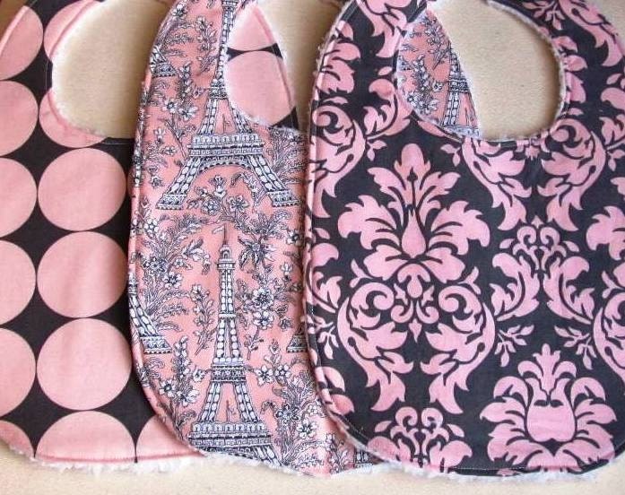 Girls Baby Bibs, Set of 3, Michael Miller Pink Eiffel Tower, Dandy Damask, Disco Dot with White Chenille Custom Baby Bibs Ready To Ship