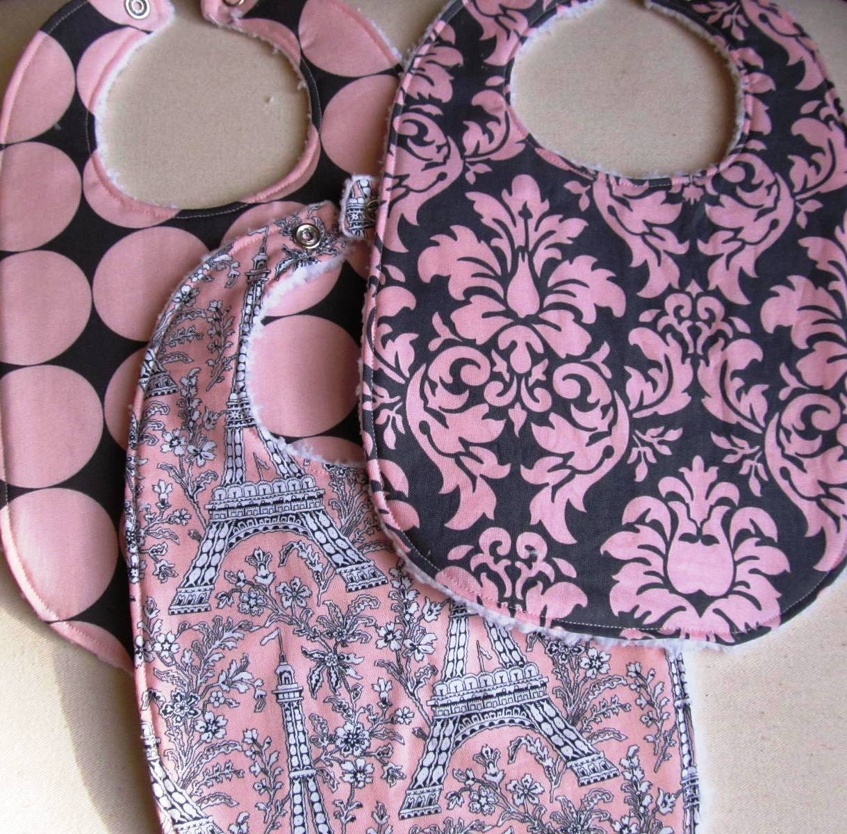 Girls Baby Bibs, Set of 3, Michael Miller Pink Eiffel Tower, Dandy Damask, Disco Dot with White Chenille Custom Baby Bibs Ready To Ship