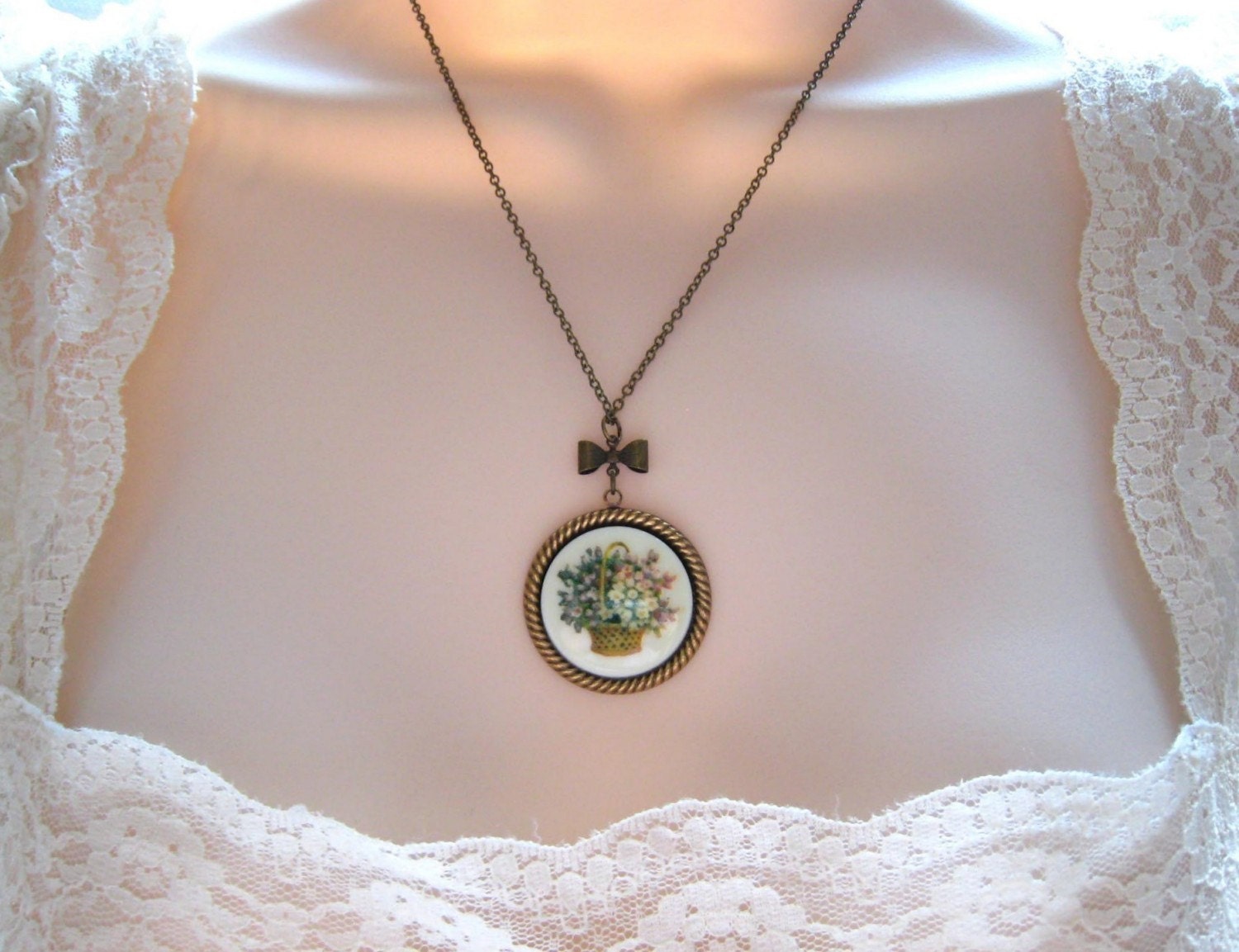Vintage Floral Necklace with Ribbon. Flower Girl