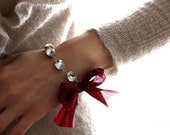 Vintage Jewel Bracelet with Wine Red Ribbon. 14k Gold Filled Bracelet. Bow Bracelet. The Duchess