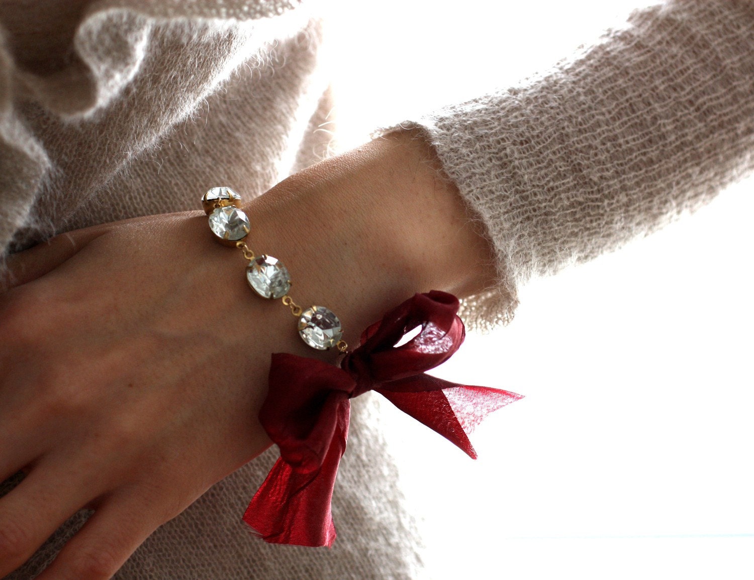 Vintage Jewel Bracelet with Wine Red Ribbon. 14k Gold Filled Bracelet. Bow Bracelet. The Duchess