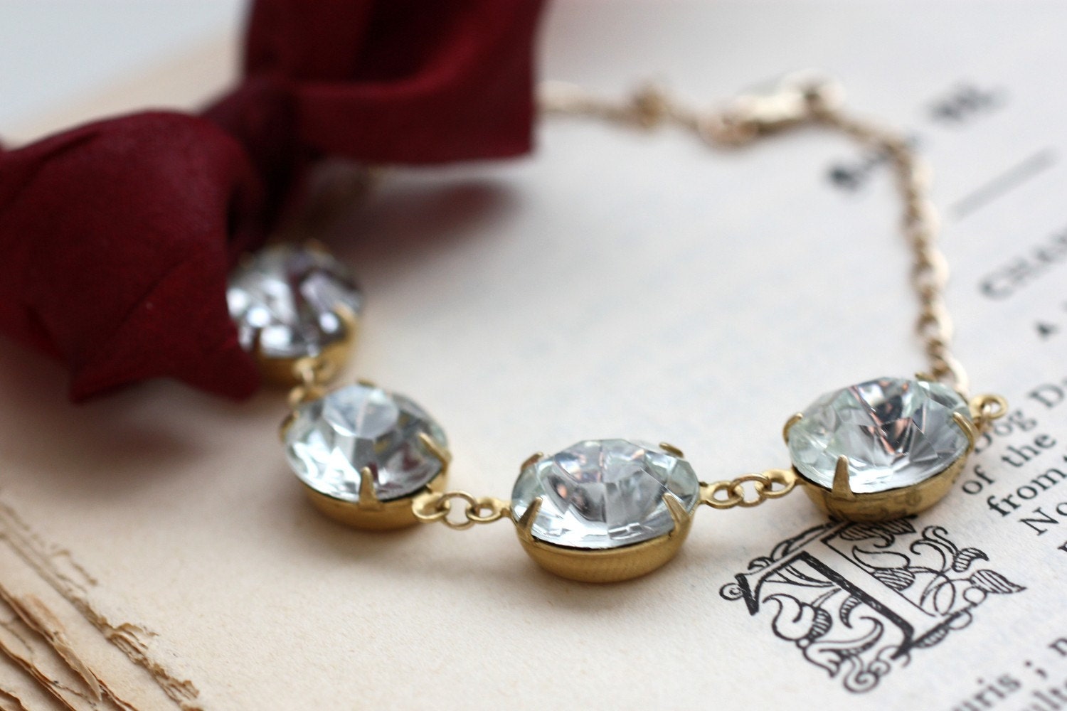 Vintage Jewel Bracelet with Wine Red Ribbon. 14k Gold Filled Bracelet. Bow Bracelet. The Duchess