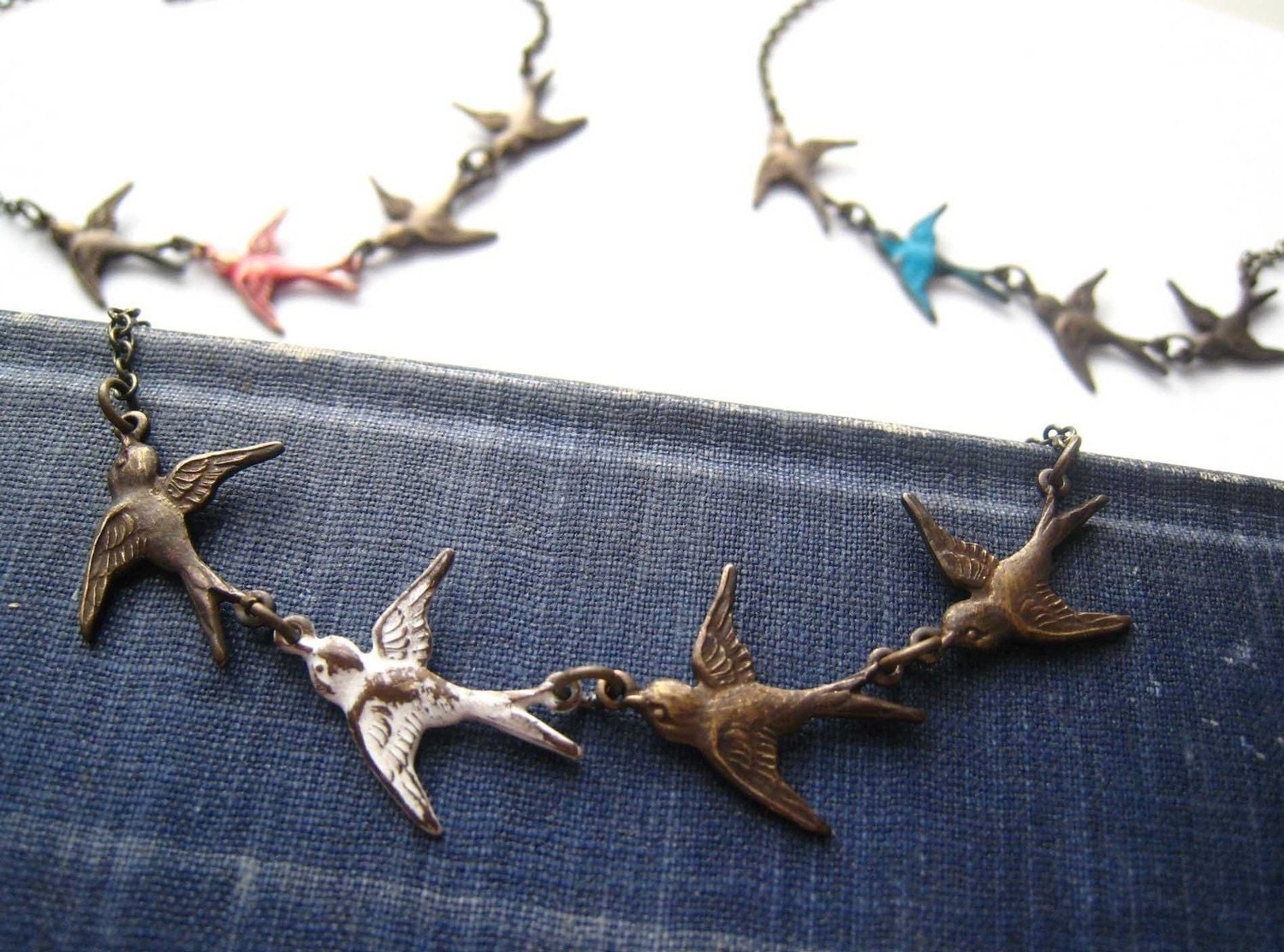Bird Necklace with White and Antiqued Brass Birds. Flock Necklace - Be Yourself