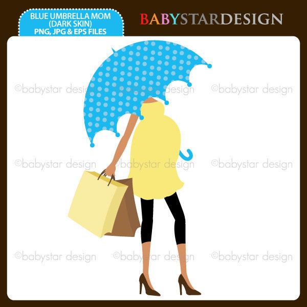 Blue Umbrella Mom 3 (dark skin) Clipart Single INSTANT DOWNLOAD