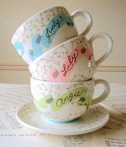 Swirling Vines. Personalized Large Latte Mug and Saucer
