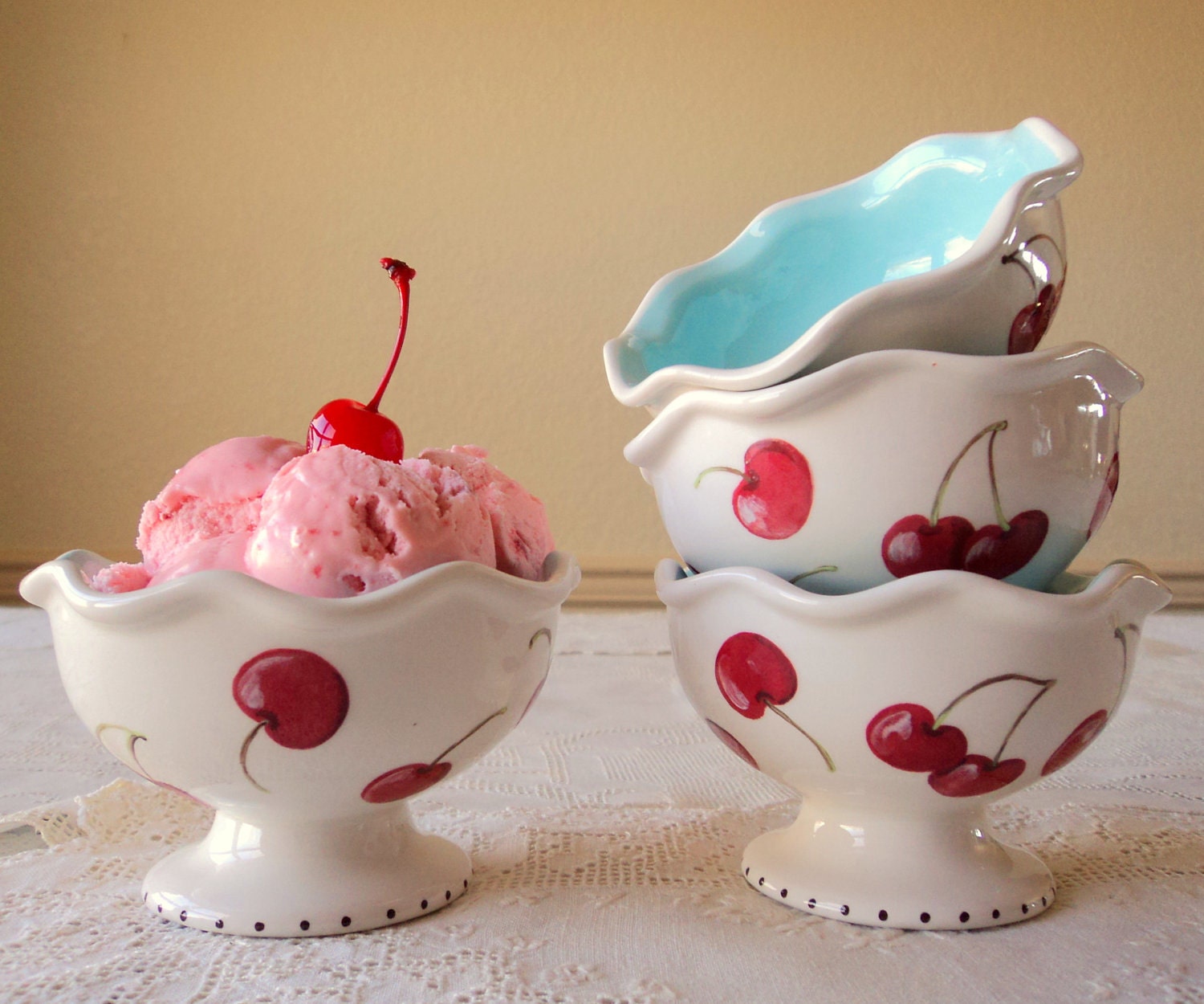 Reserved for H5M118- Hand Painted Ice Cream Cups with Cherries
