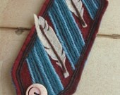 Handmade Teal Stripe and Cream Feather Deep Cranberry Felt and Wool Wrist Cuff - Woolfeather No. 002