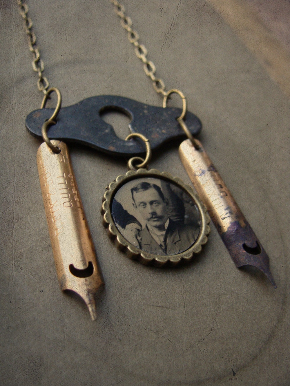 Antique Victorian Tintype, Timeworn Escutcheon and Grungy Pen Nib Necklace - Secret Correspondence