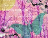 Mixed Media Giclee Print Colorful Digital Art Collage Giclee Archival Print with Vintage Moth Drawing, Flowers,Trees, and Moon.
