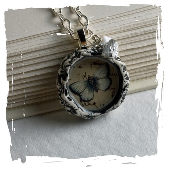 Butterfly Necklace White Butterfly Handmade Symbolic Pendant Necklace with Polymer Clay and Resin with an Adjustable Siver Chain.