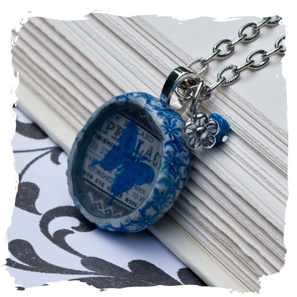 Handmade Symbolic Blue Butterfly Necklace Handmade Polymer Clay and Resin Pendant with Blue Butterfly