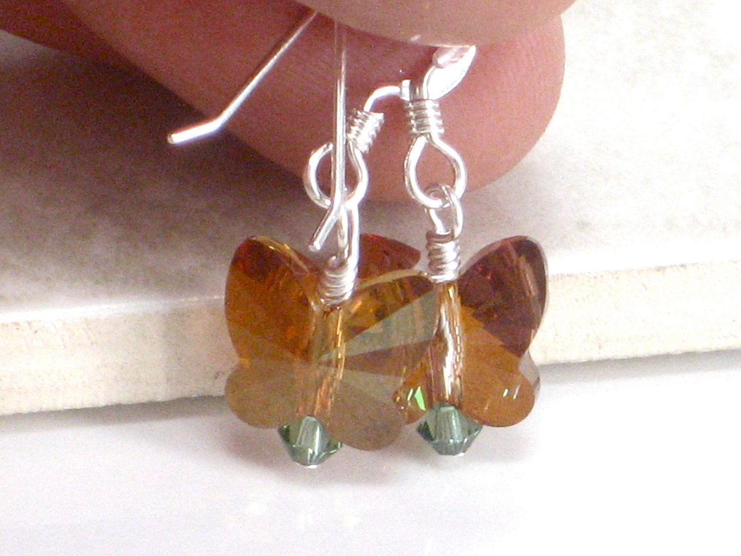 Butterfly Earrings, Amber Earrings Green Swarovski Minimalist Jewelry Sterling Silver Dangle Summer Fashion Under 20 - Flight