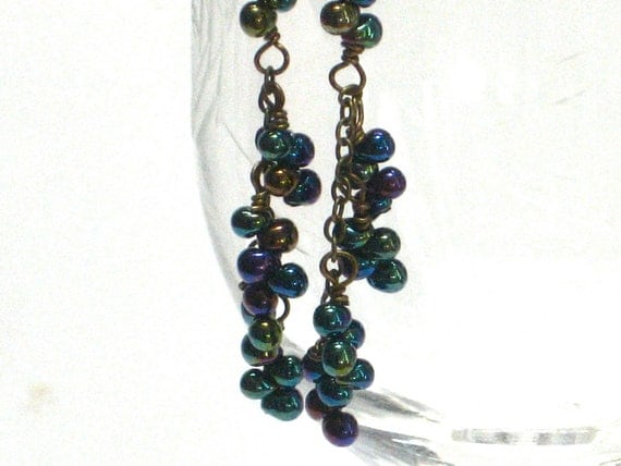 Purple Cluster Earrings, Eggplant Navy Green Metallic Rainbow Earrrings Long Fashion Jewelry Gift Under 20 - Grapes