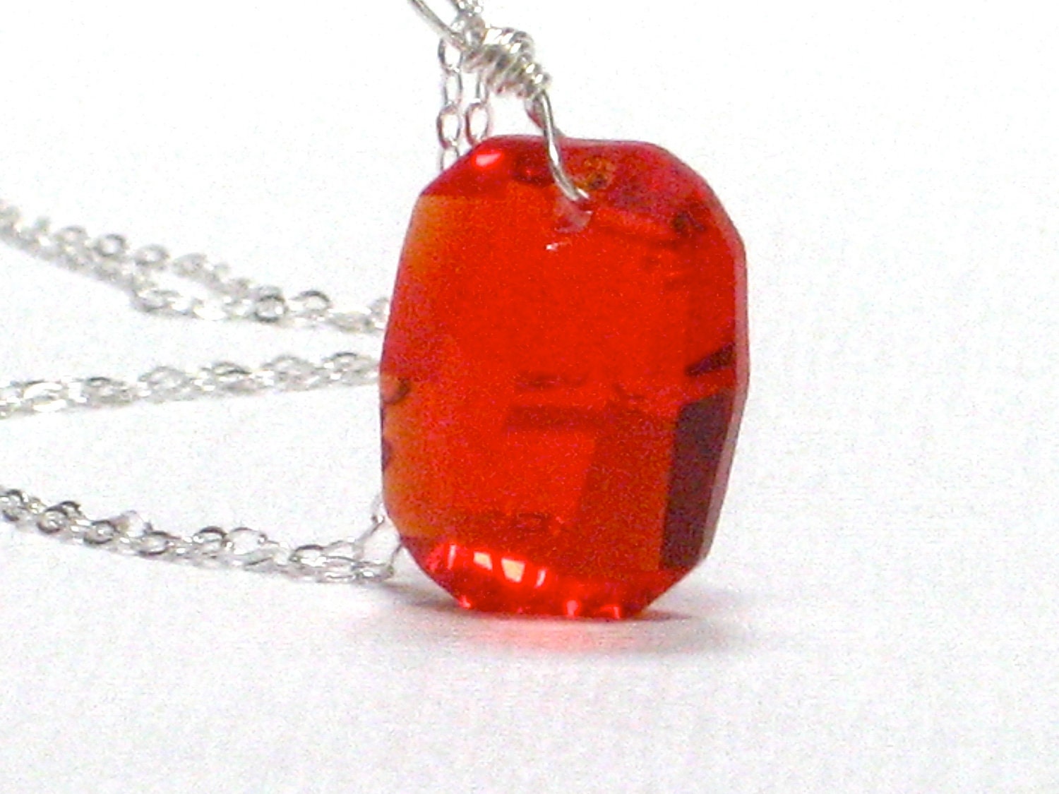 Swarovski Red Pendant, July Birthday Red Crystal Minimalist Necklace Sterling Silver Square Bright Bold Summer- Red Hot