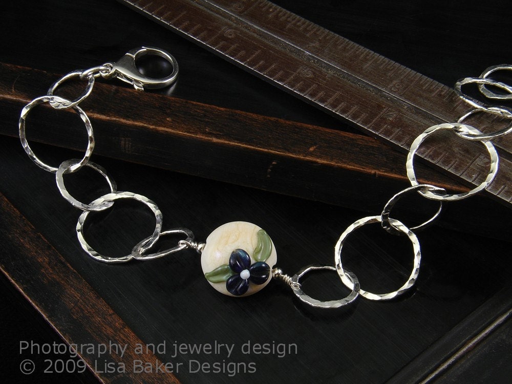 Handmade Lampwork Violet & Delicate Fine Silver Bracelet