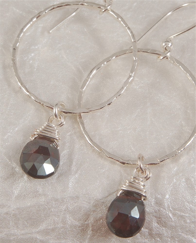 Fine Silver Hoop Earrings with Garnet Dangles