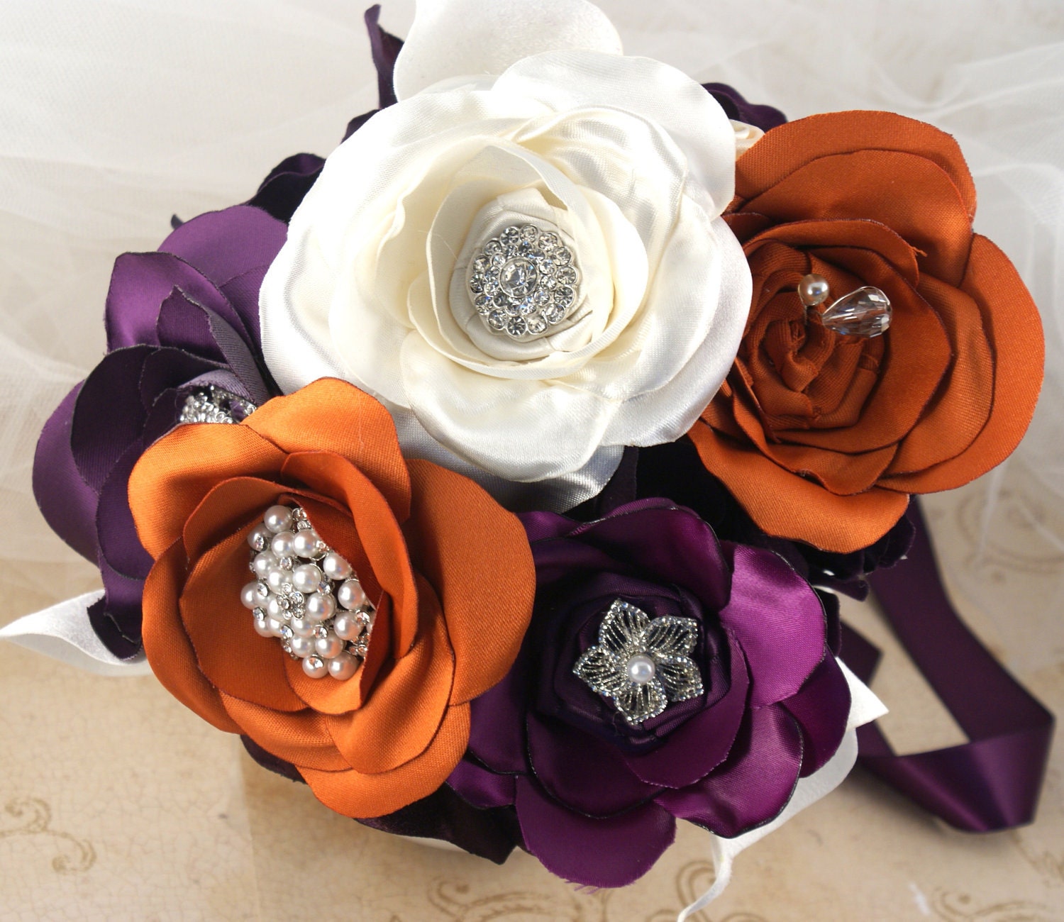 Brooch Bouquet  Bridal Bouquet Jeweled Bouquet in Plum, Burnt Orange and Ivory with Handmade Satin Flowers and Brooches