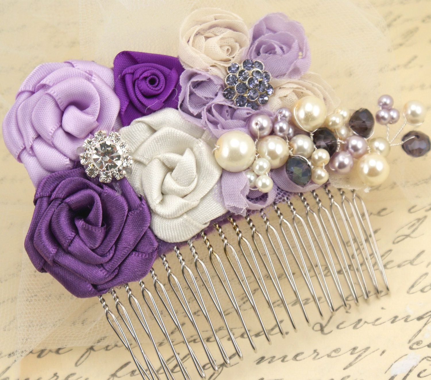 Bridal Hair Comb Fascinator in Purple, Lilac and Ivory with Handmade Satin Flowers, Jewels, Crystals and Czech Pearls