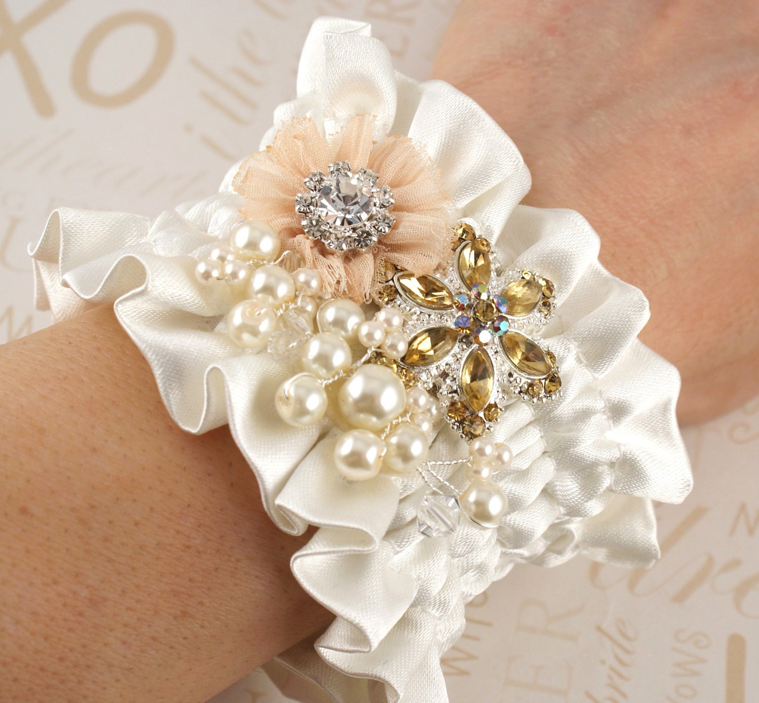 Bridal Wrist Corsage in Cream, Gold and Peach with Satin, Repurposed Brooches and Pearls
