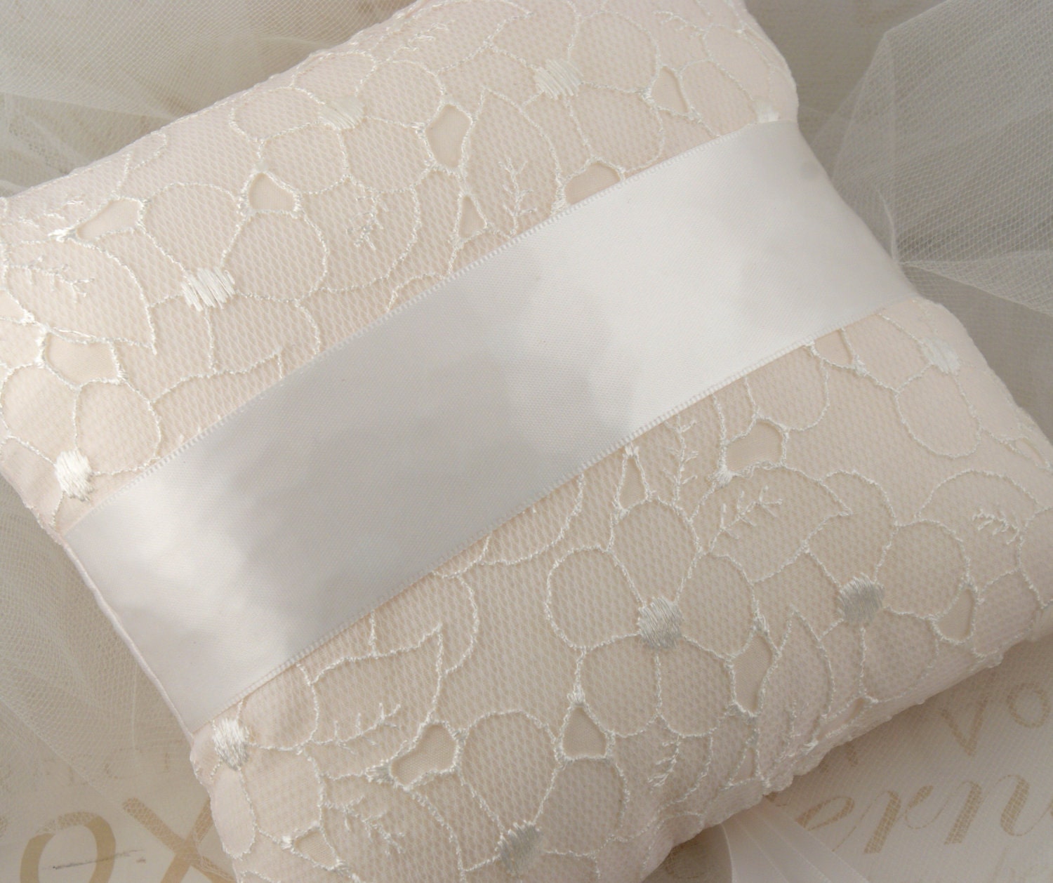Bridal Ring Pillow White, Cream and Ivory with Lace and Chiffon Flowers, Jewels and Pearls- Lea