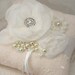 Bridal Ring Pillow White, Cream and Ivory with Lace and Chiffon Flowers, Jewels and Pearls- Lea