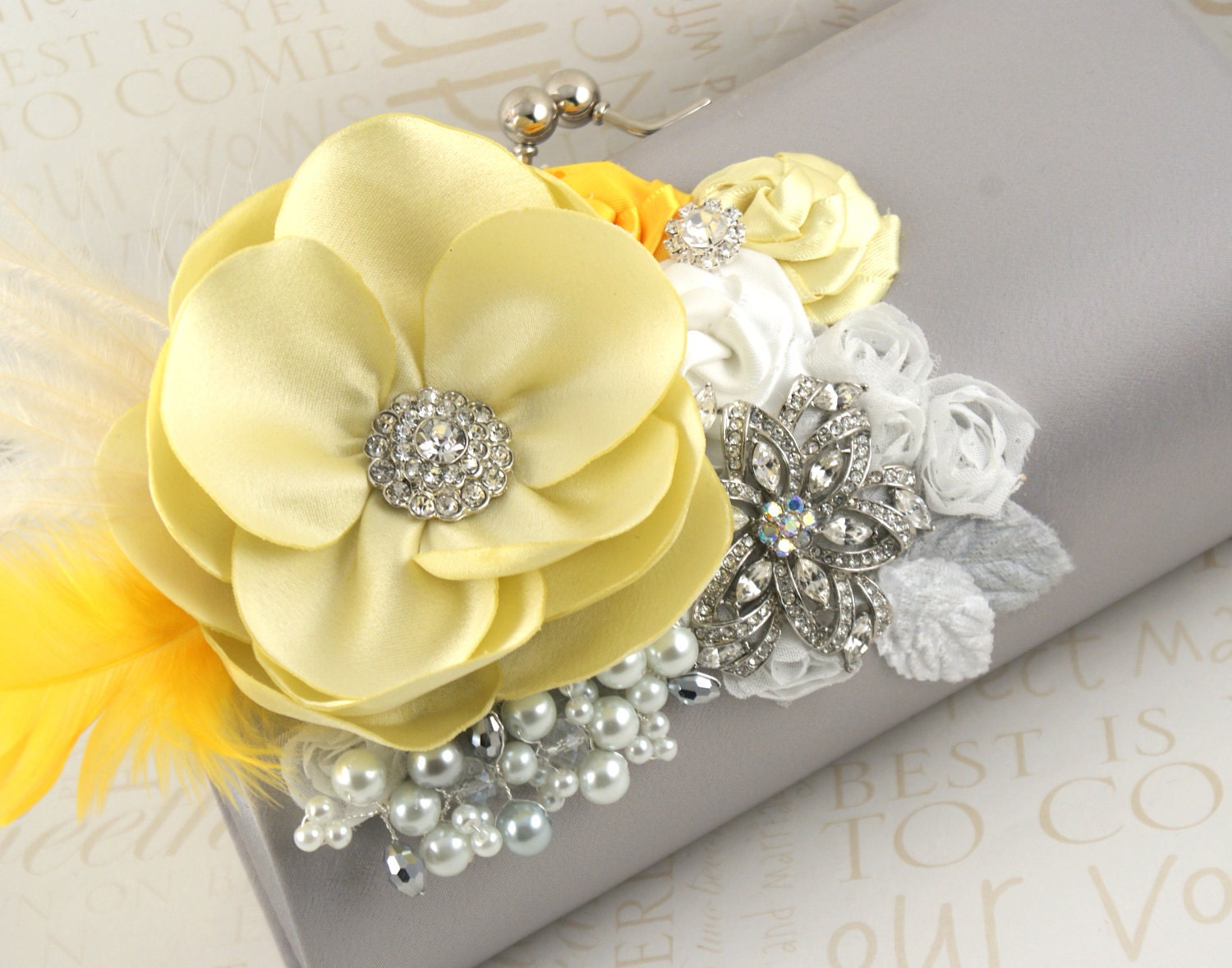 Bridal Clutch- Party Clutch in Silver, White and Yellow with Satin Flowers, Pearls, Brooches and Feathers