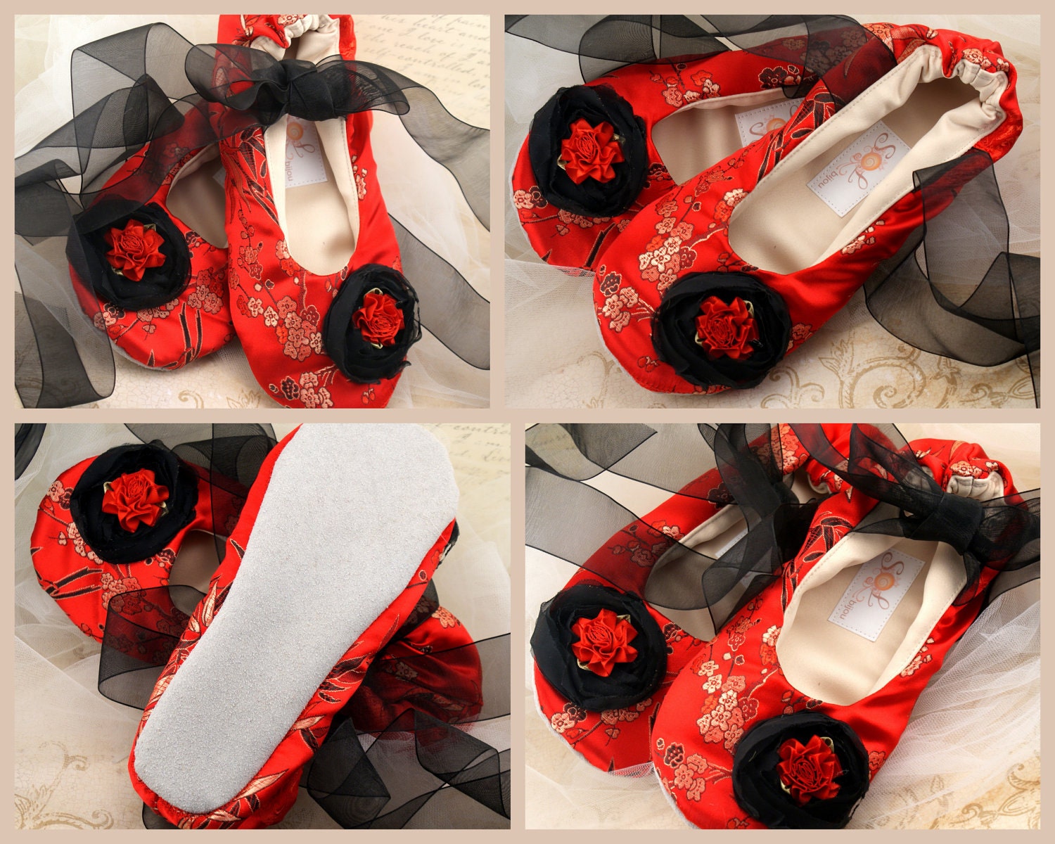 Bridal Flats- Ballet Slippers in Red, Black and Gold with Japanese Silk and Chiffon Flowers