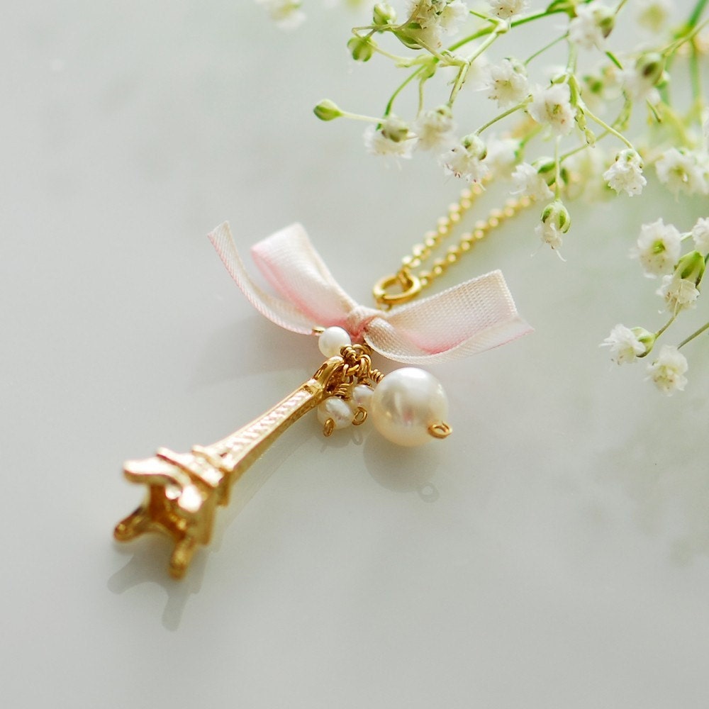 June Birthday, June birthstone pendant - Pearl necklace - I love Paris - Eiffel Tower necklace