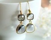 Black diamond earrings, black diamond drop earrings, Grey Yellow gold earrings, grey dangle earrings, Bridesmaids earrings