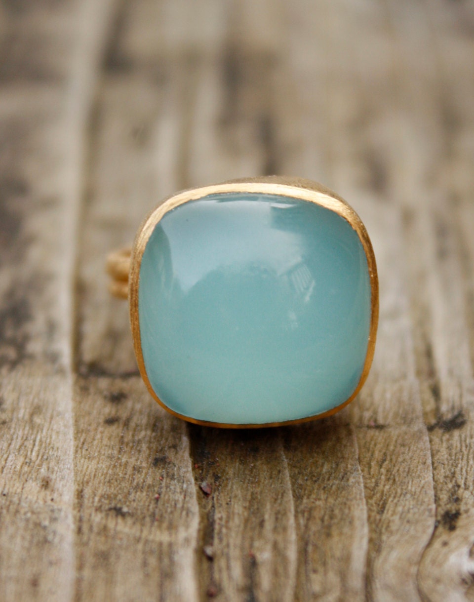 Sea Foam Green Aqua Chalcedony Ring - Cushion Cut - Adjustable Ring, Dreamy