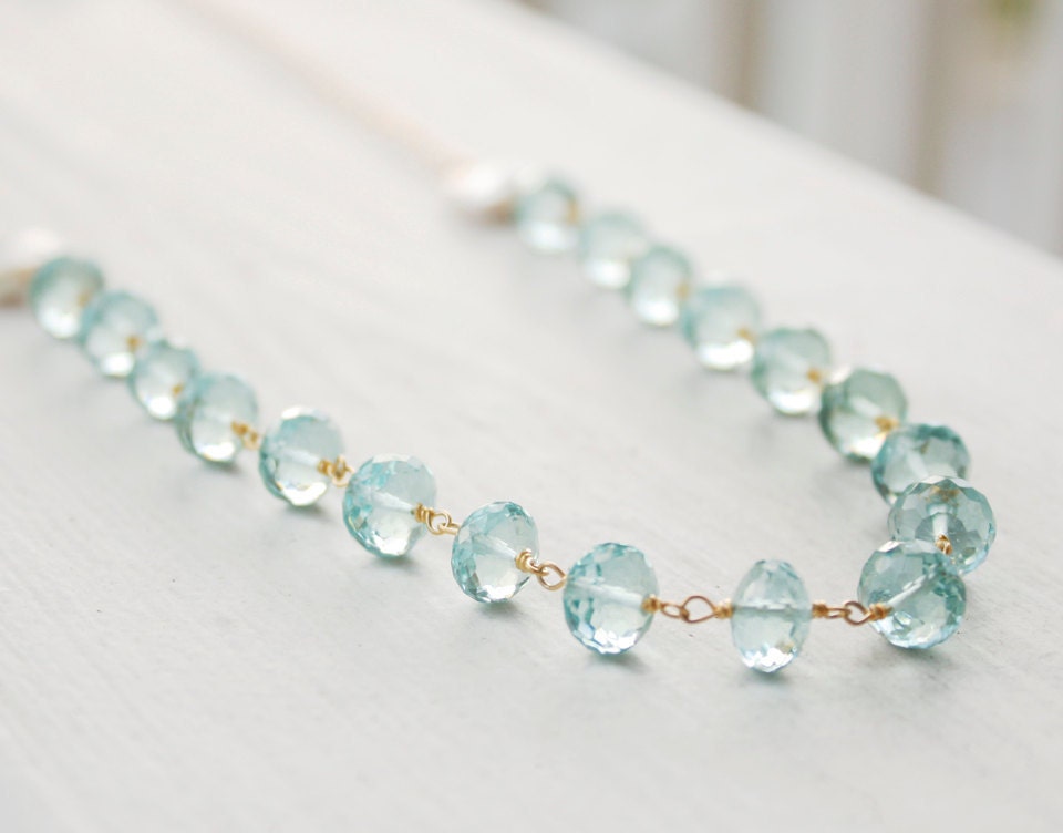 Blue Aqua Quartz and Freshwater Pearl Necklace - 14KT gold Fill - Oceanic Shades, Summer Breeze